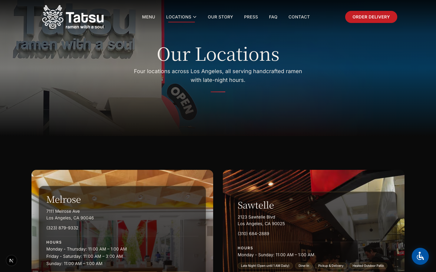 Tatsu Ramen locations page with map and restaurant details