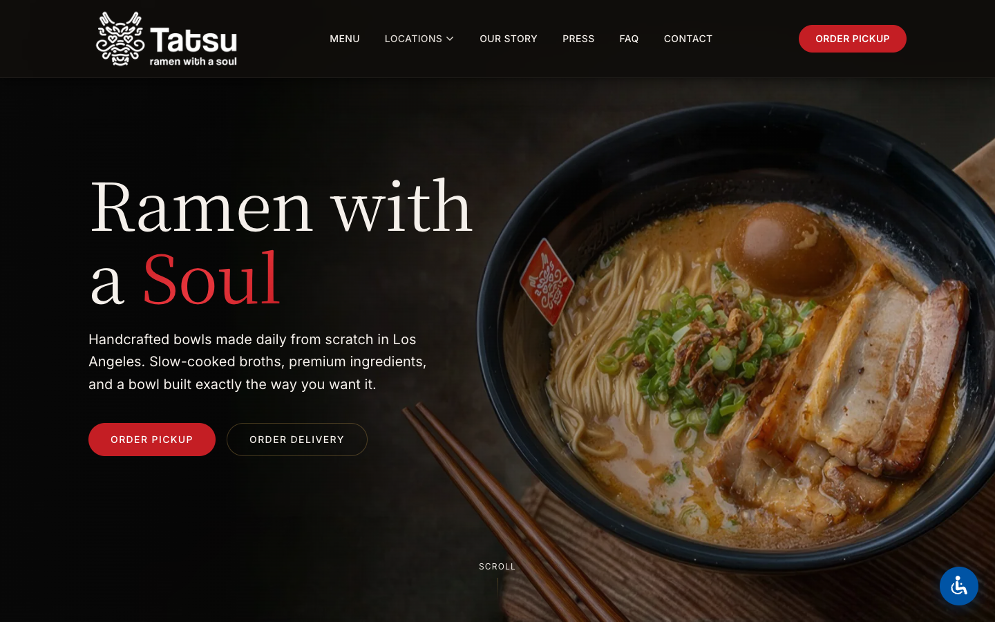 Tatsu Ramen website homepage shown inside a browser window